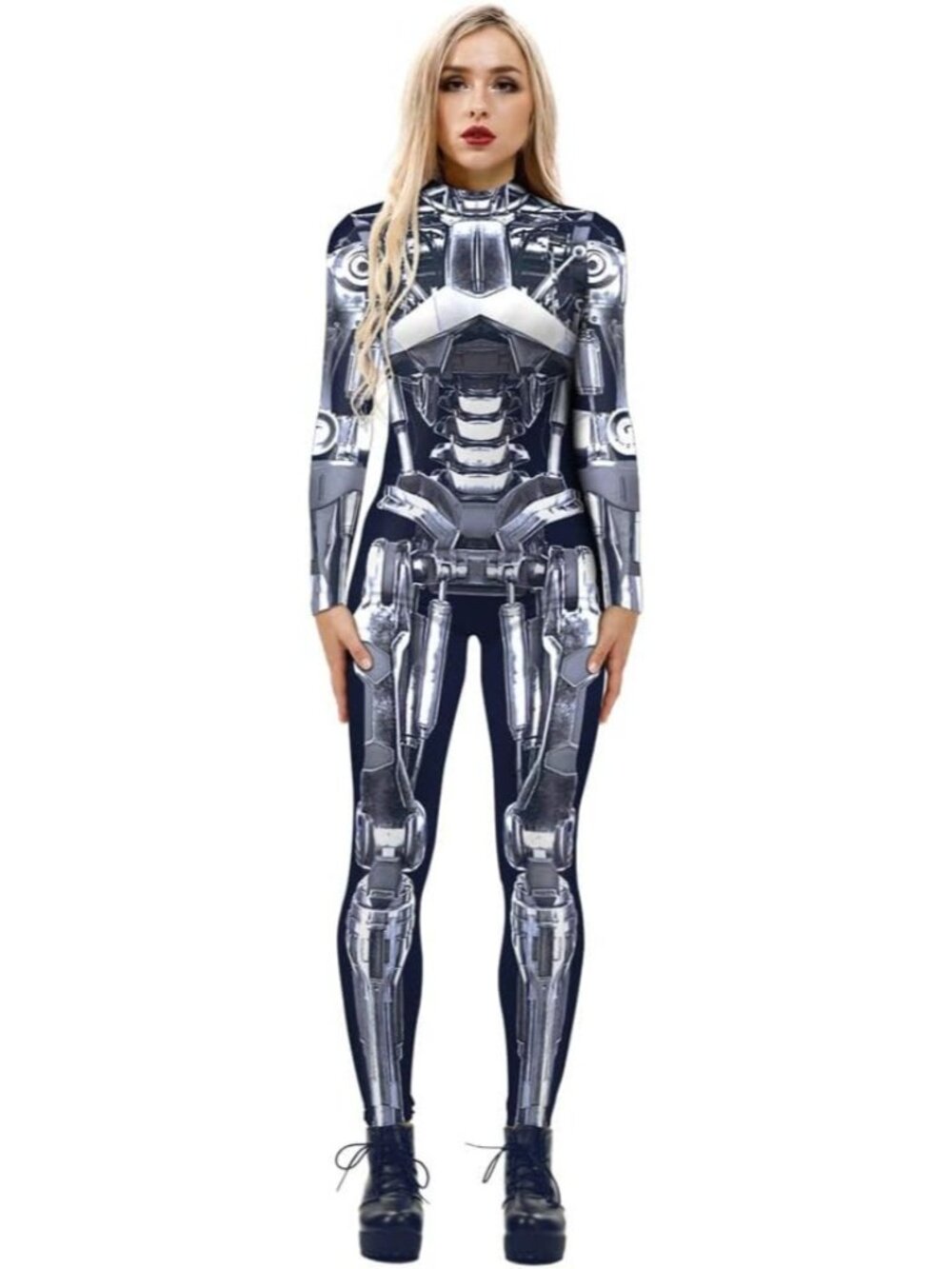 🆕Womens Silver & Grey Sci Fi Robot Hi-neck Full-Body Skeleton Bodycon Jumpsuits